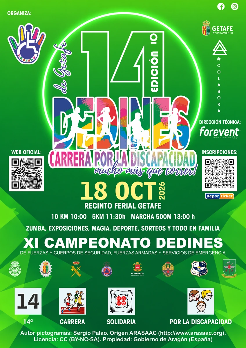 Cartel de la carrera: el número 14 dentro de un aro de luz verde, la palabra DEDINES pintada con brochazos de colores y siluetas de corredores, una de ellas en silla de ruedas
