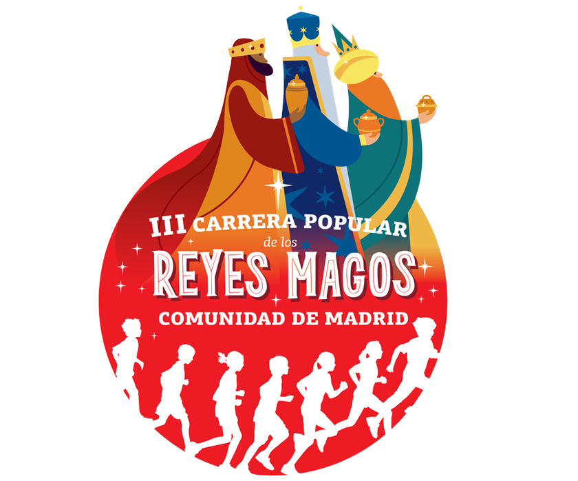 Emblema de la Carrera Popular de los Reyes Magos: los tres Reyes con sus ofrendas sobre un círculo rojo, con siluetas de corredores en blanco.