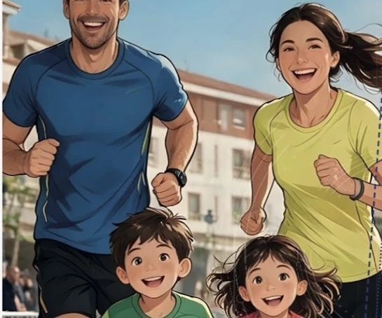 Ilustración del cartel: un padre, una madre y dos niños corren sonrientes por una plaza.