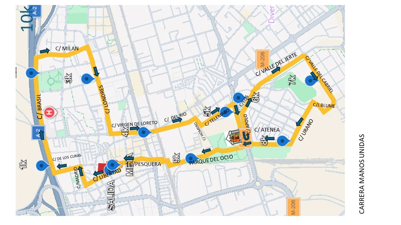 Plano del recorrido 10K sobre un callejero: trazado amarillo con flechas de sentido y los kilómetros marcados, por calles como Londres, Virgen de Loreto, Valle del Jerte, Urano, Pesquera y Libertad, con salida y meta junto a la calle Libertad.
