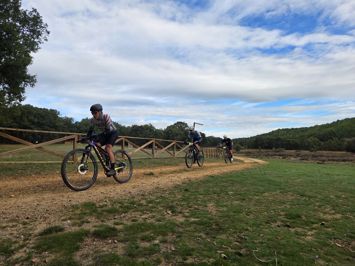 Tres ciclistas de montaña por un camino de tierra junto a una valla de madera, con un pinar al fondo