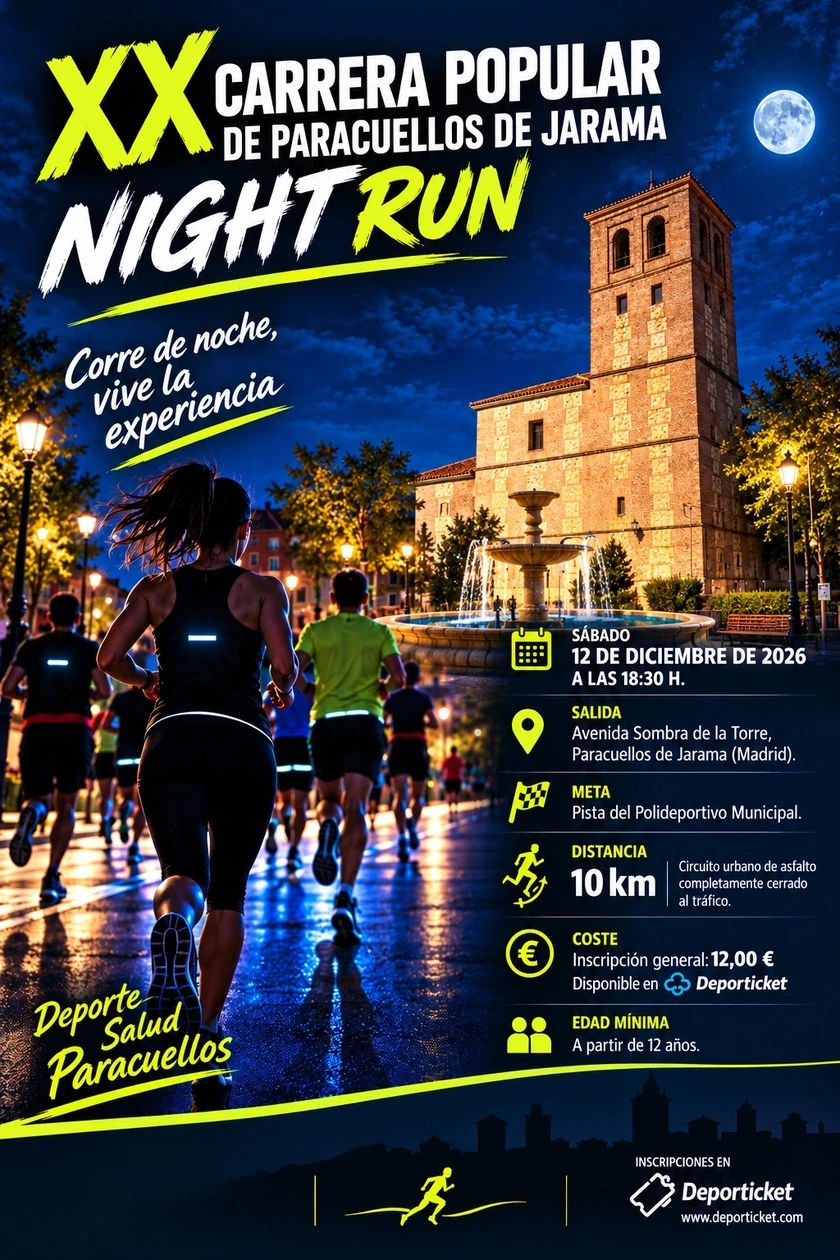 Cartel de la carrera: un grupo de corredores por una calle iluminada de noche, junto a una fuente y un edificio con torre, con los datos de la prueba