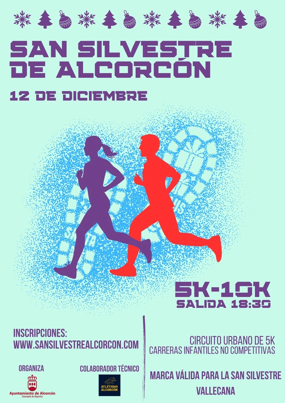 Cartel de la San Silvestre de Alcorcón: una corredora morada y un corredor rojo sobre una nube de puntos azules y fondo menta, con copos, abetos y bolas de Navidad arriba