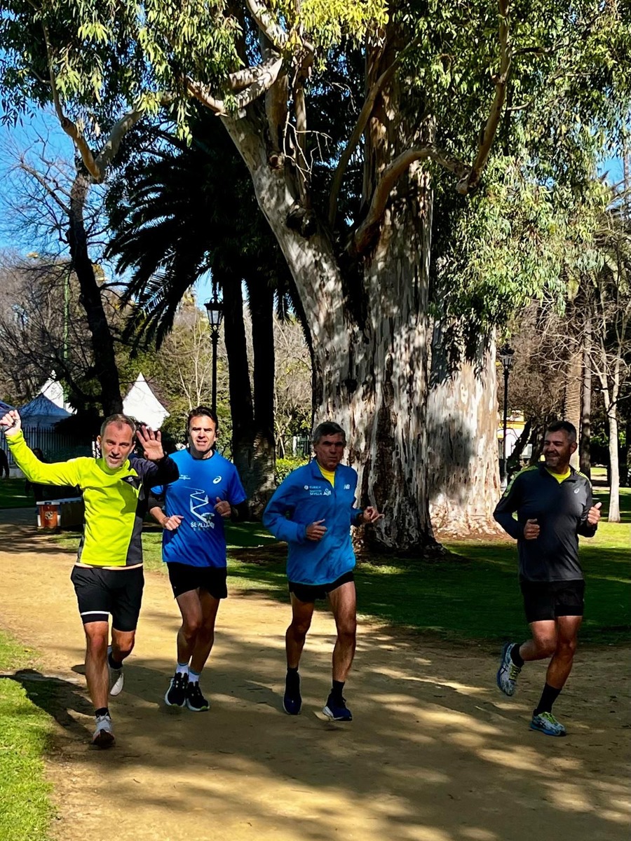 Four runners training on a dirt path among trees