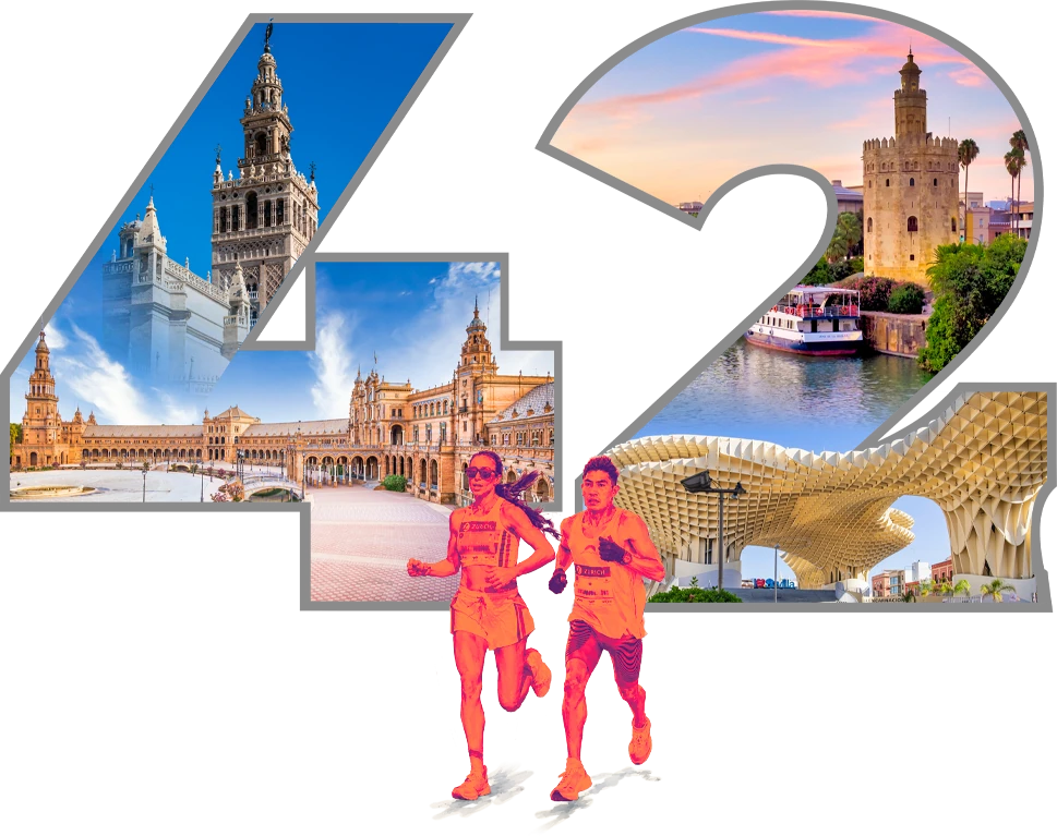 El número 42 formado con fotos de la Giralda, la Plaza de España, la Torre del Oro y las Setas de Sevilla, con dos corredores delante